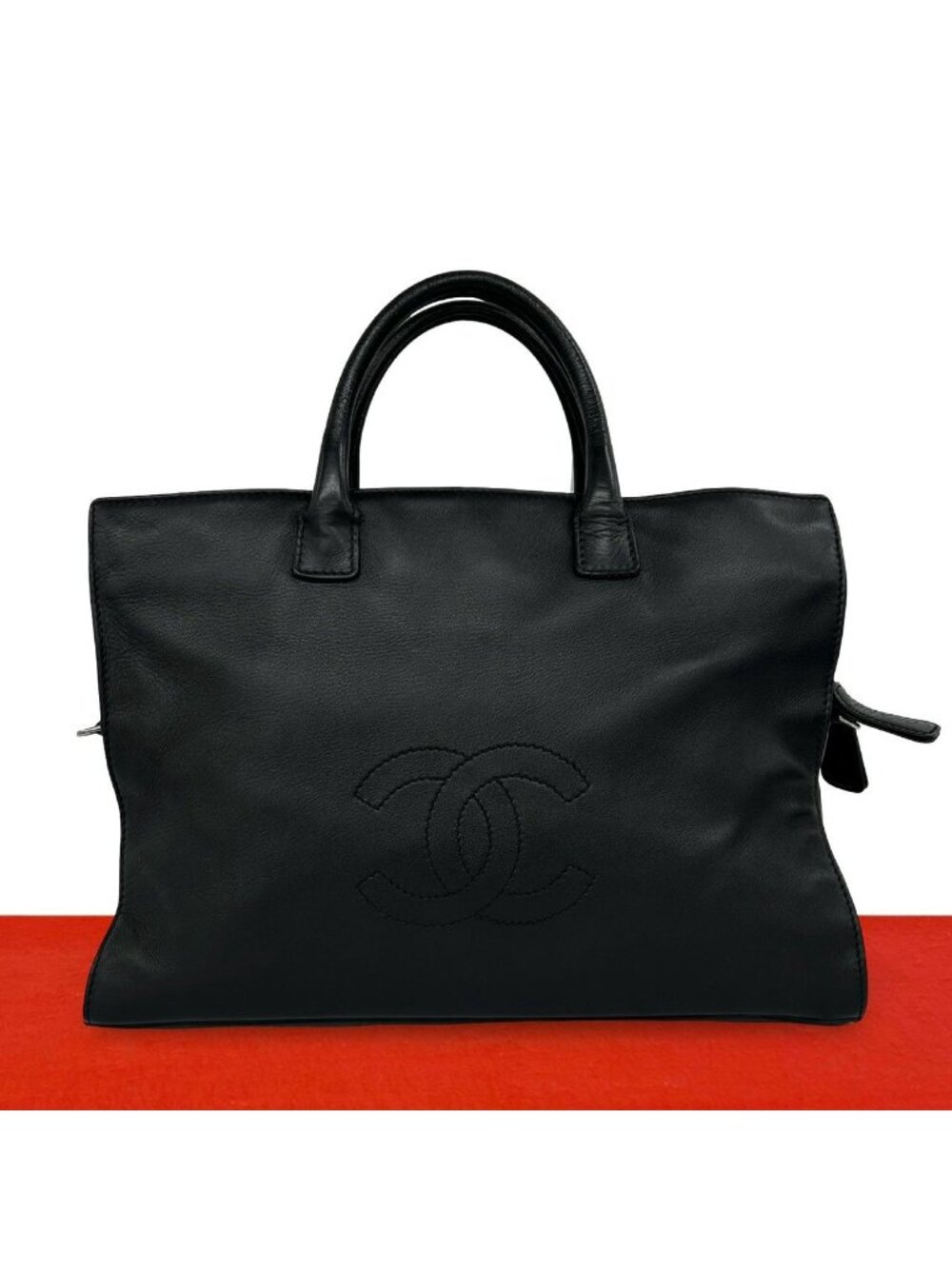 Chanel CC Logo Leather Handbag Business Tote Black